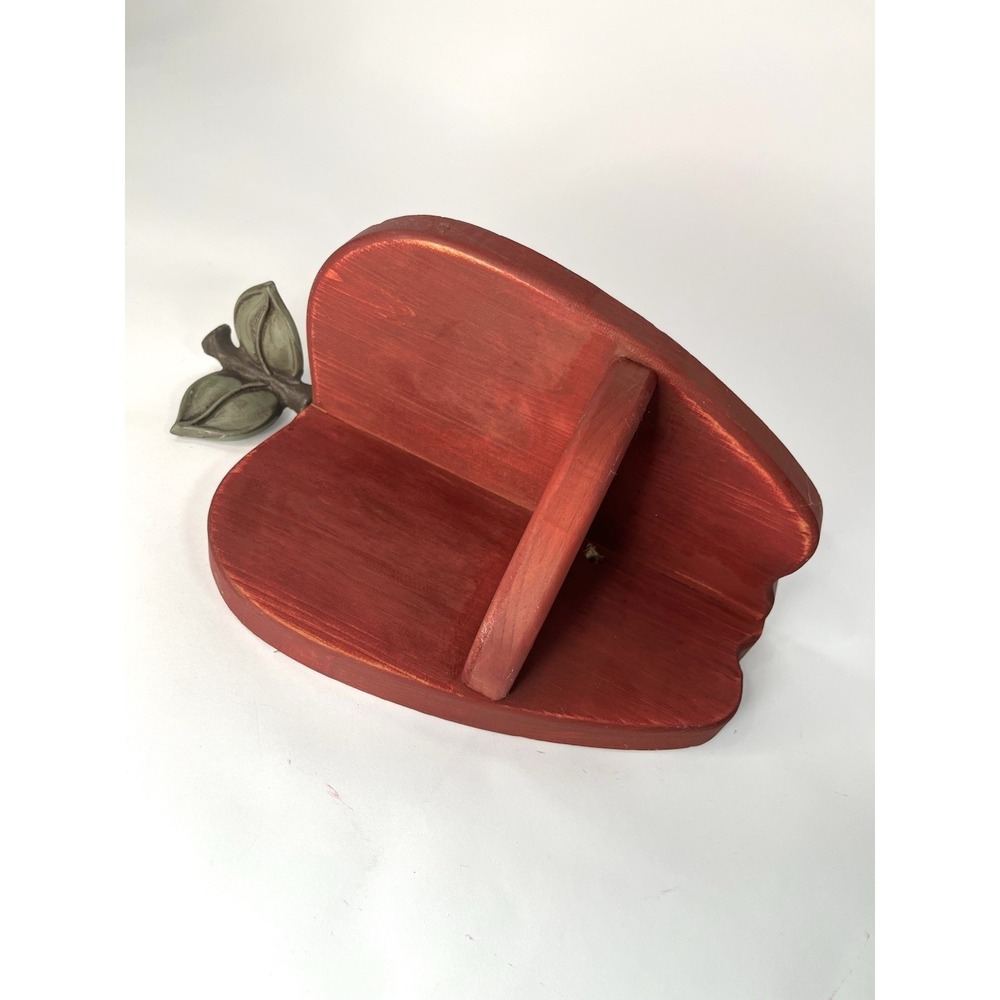 Red Wood Apple Shaped Corner Wall Shelf Metal Stem Country Farmhouse Decor 12"